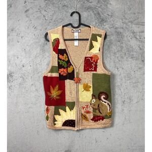 Vintage Fall Teacher Cotton Vest Large Embroidered Squirrel Zip Front School